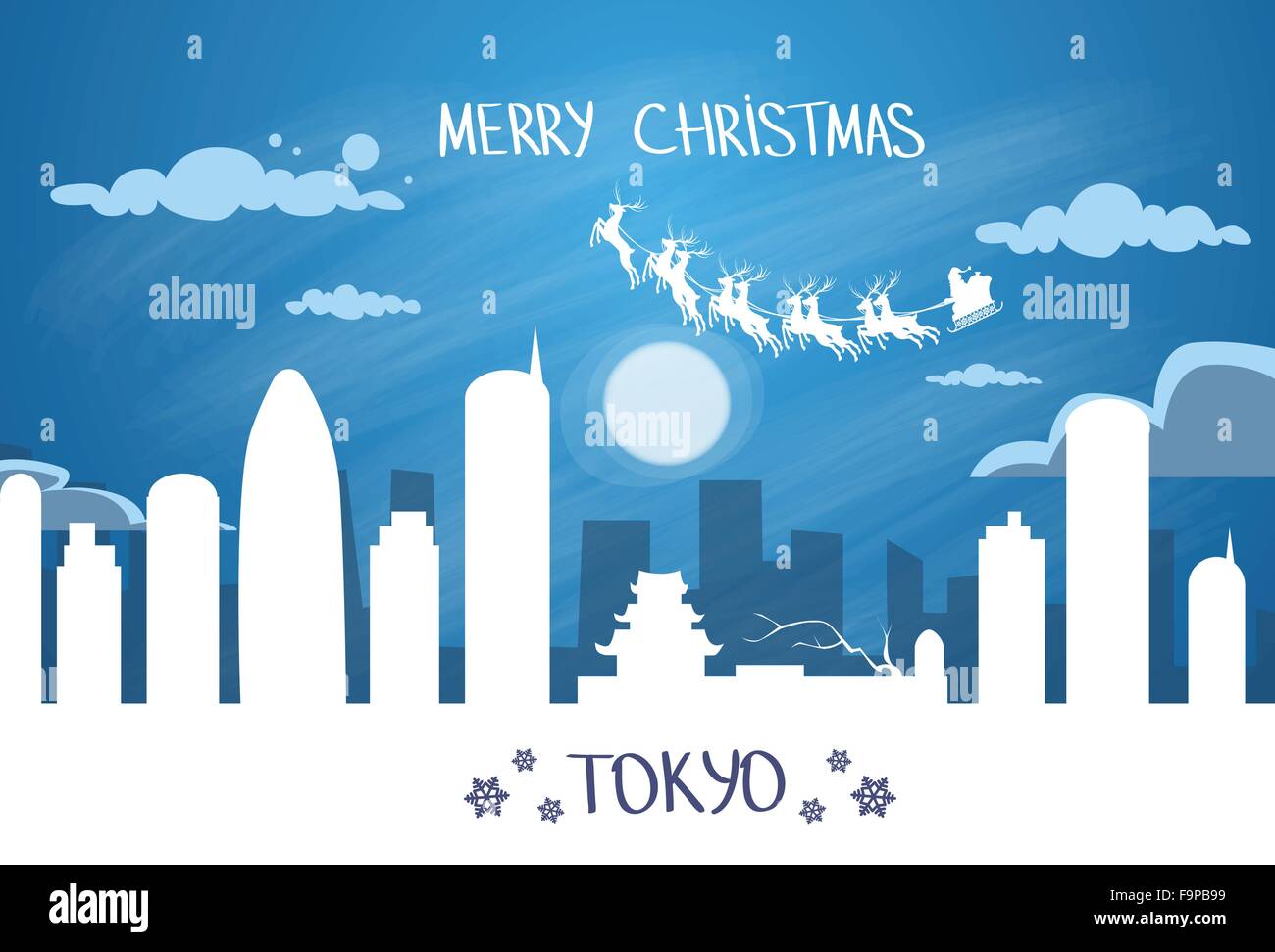 Babbo Natale con la slitta le renne volare in Giappone il cielo sopra la città di Tokyo di notte Silhouette Illustrazione Vettoriale