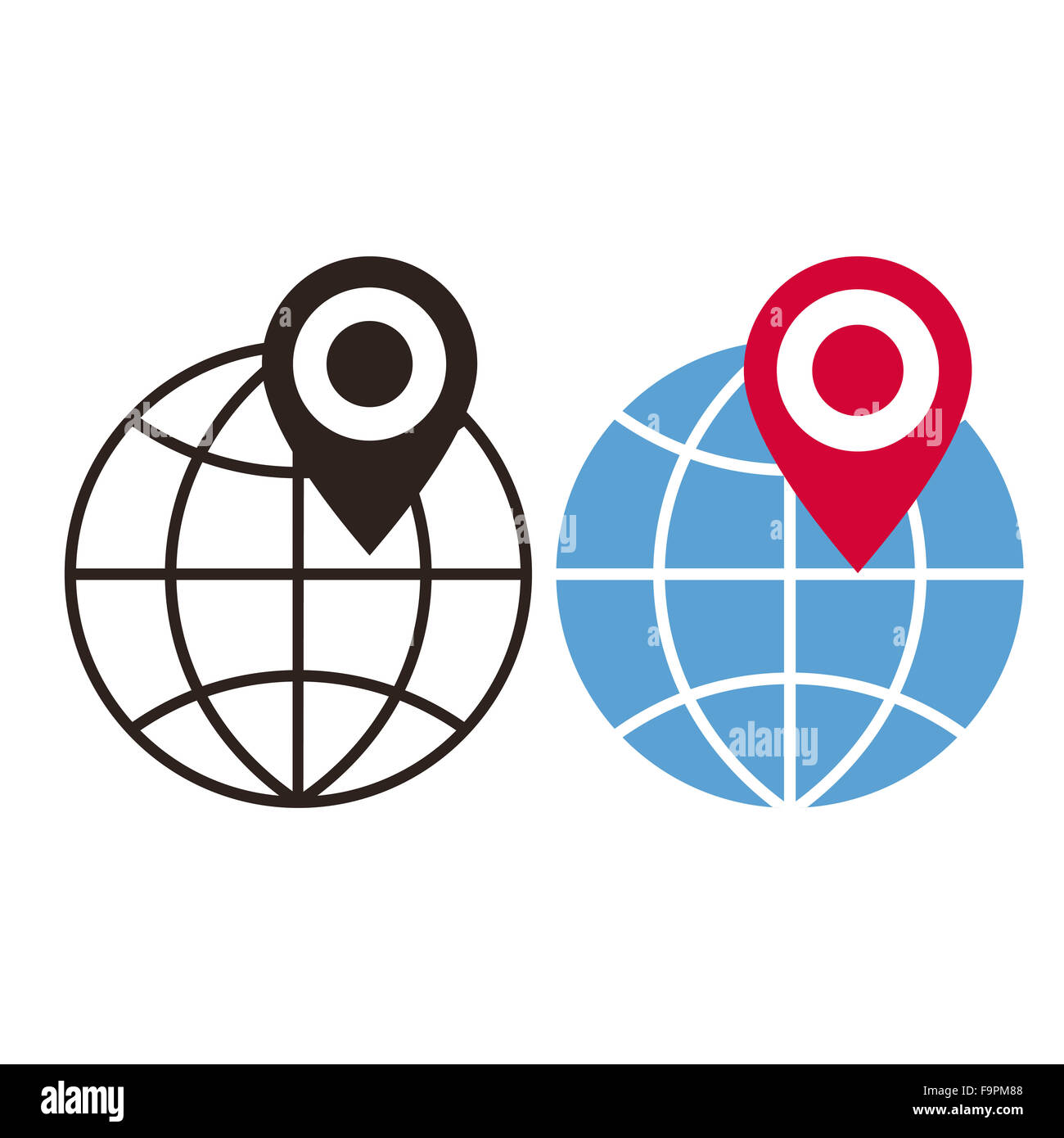 Globo e mappa icone pin isolato su sfondo bianco Foto Stock