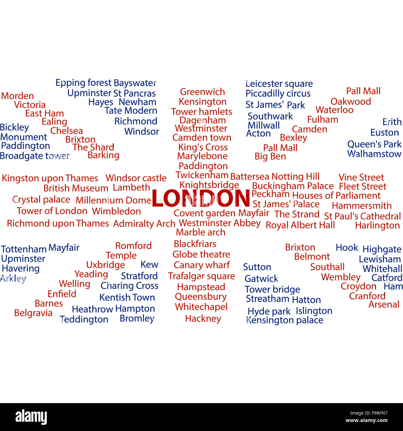Londra nomi di luogo in la bandiera europea Foto Stock