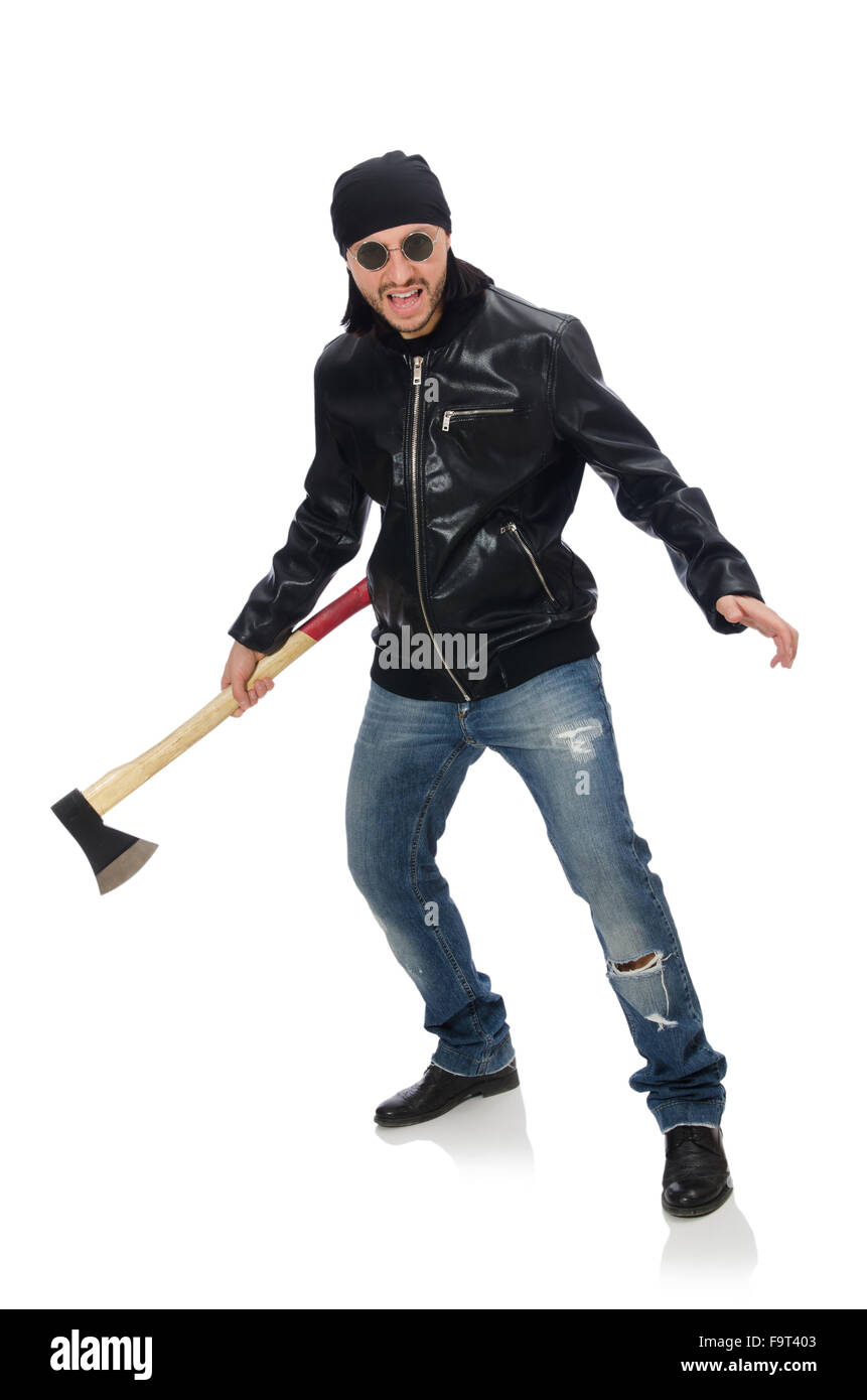L'uomo arrabbiato con ax isolato su bianco Foto Stock