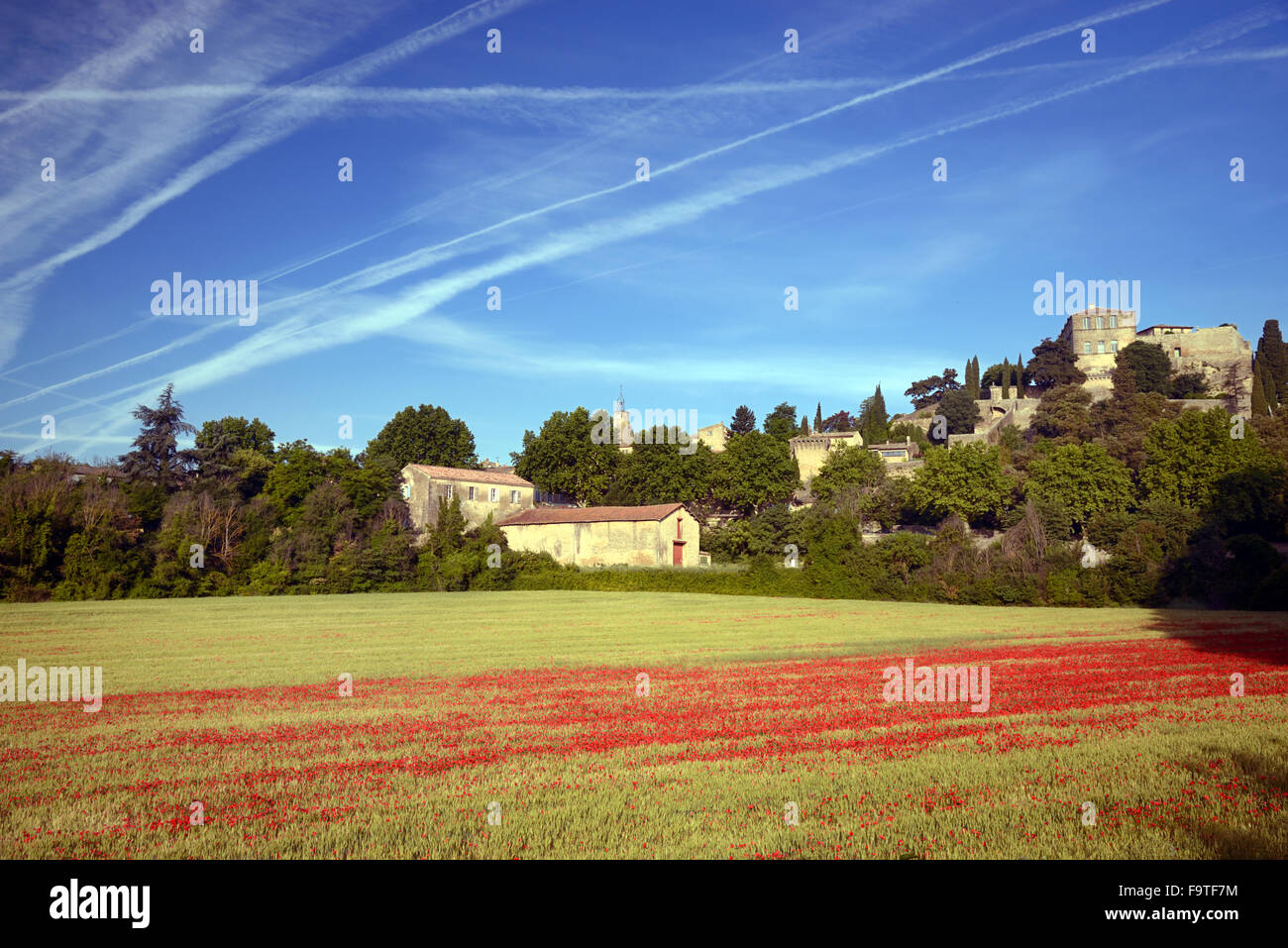 Villaggio di Ansouis : e il campo della molla papaveri Luberon Provence Francia Foto Stock
