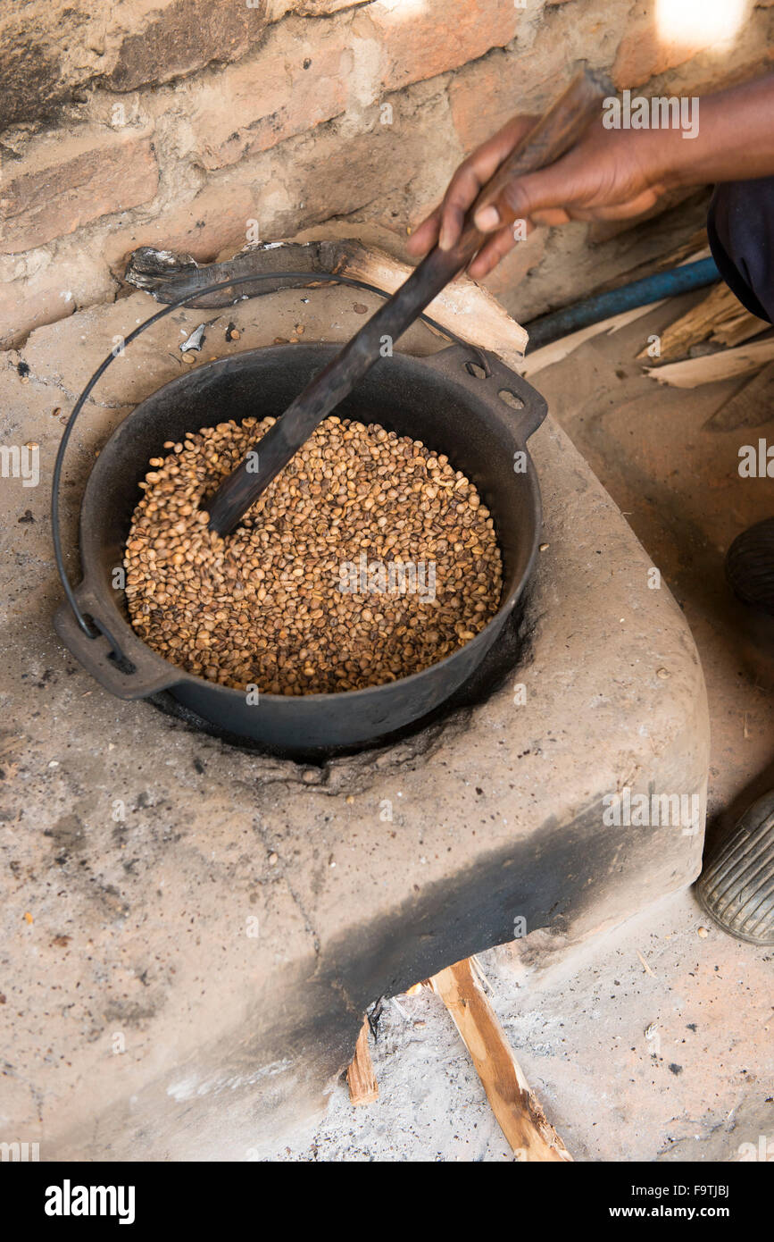 La tostatura i chicchi di caffè, Omwani donne cooperativa di caffè, Uganda Foto Stock
