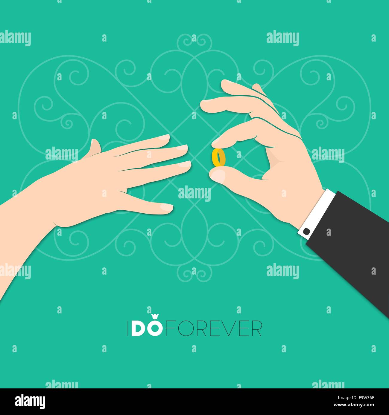Illustrazione Vettoriale di govern mettendo mano anello di nozze su sposa il dito per il tuo design Illustrazione Vettoriale