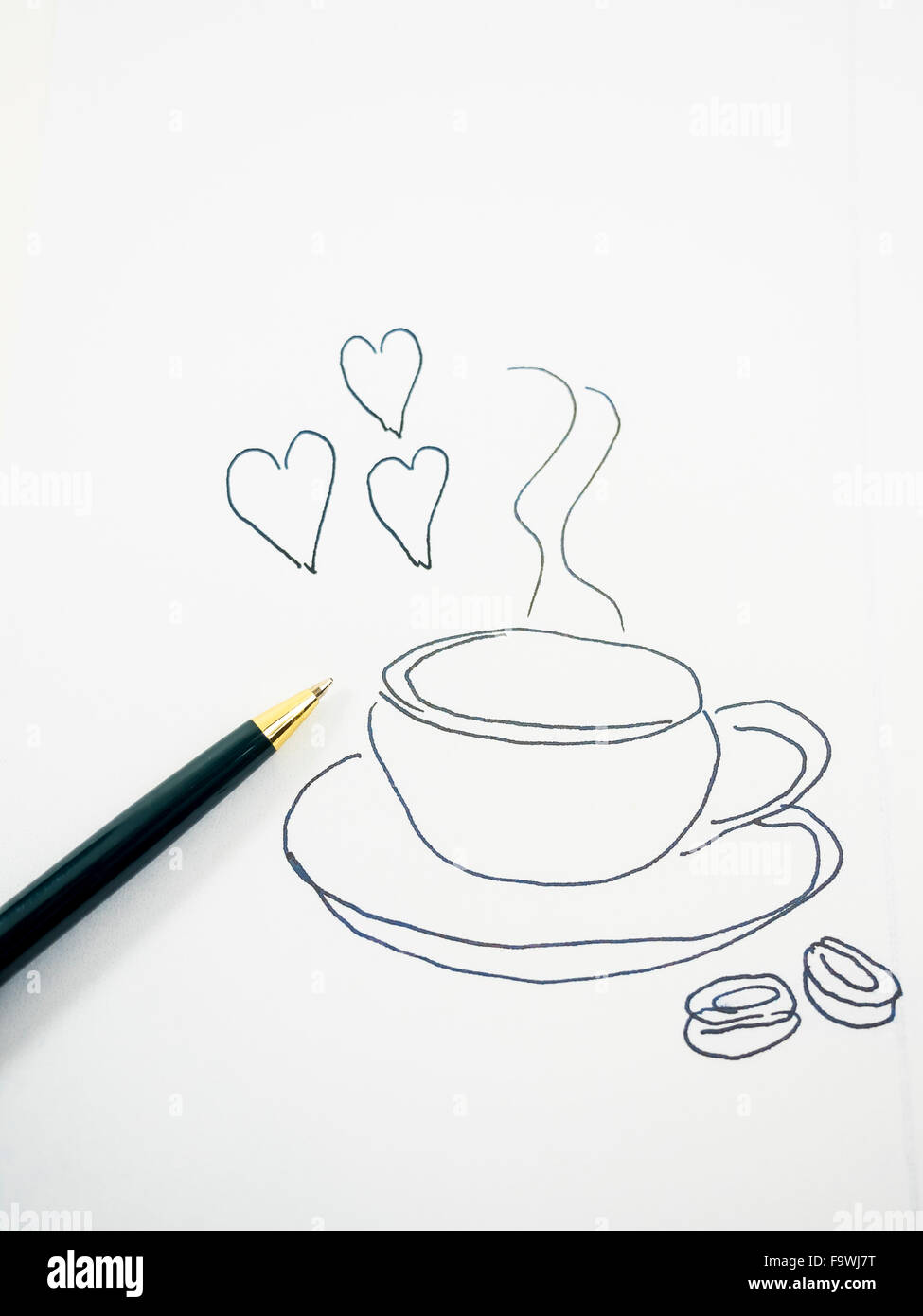 Immagine simbolica, coffee break, tazza di caffè e di cuori Foto Stock