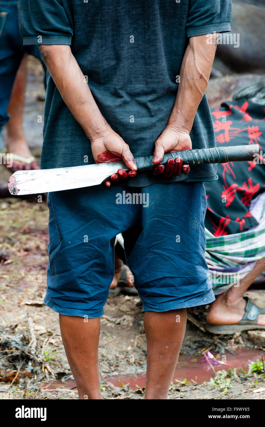 Uomo con un coltello da prosciutto dietro la schiena Foto Stock