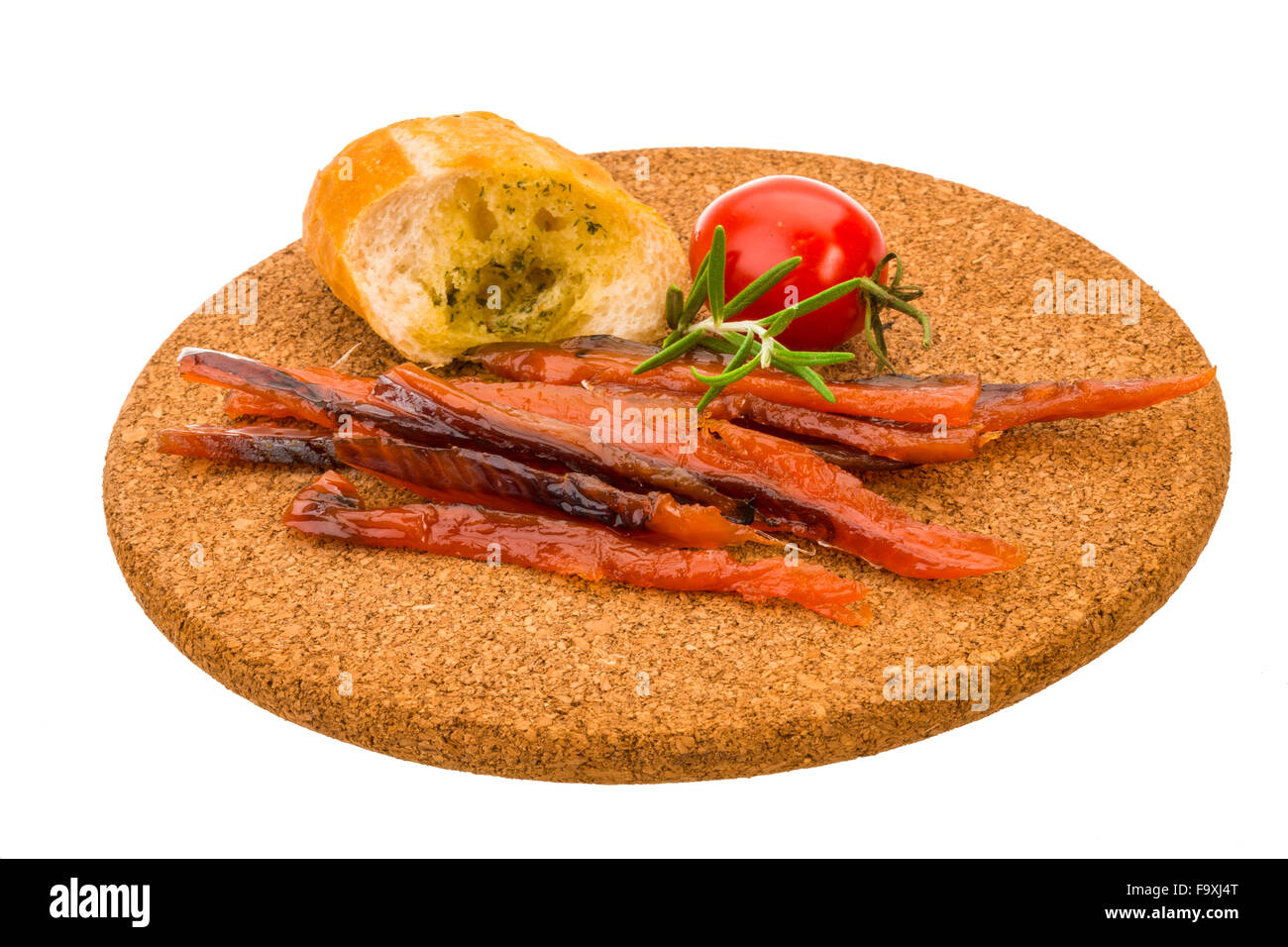 Salmone affumicato strisce con pane garlik Foto Stock