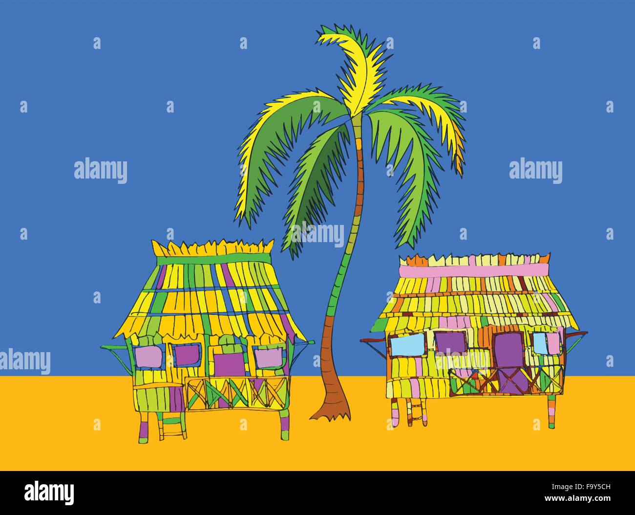 Cabine sulla spiaggia, di cocco e di Palma Illustrazione Vettoriale