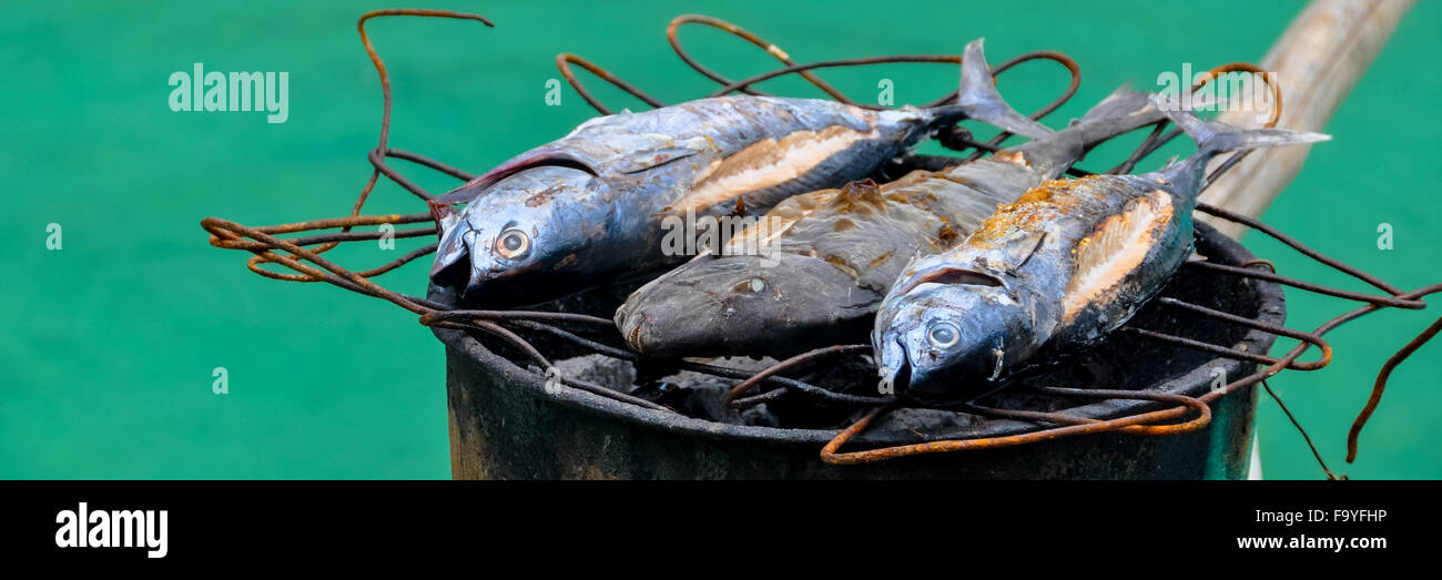 Il barbecue di pesce su un grill parte superiore del barile in barca in legno Foto Stock