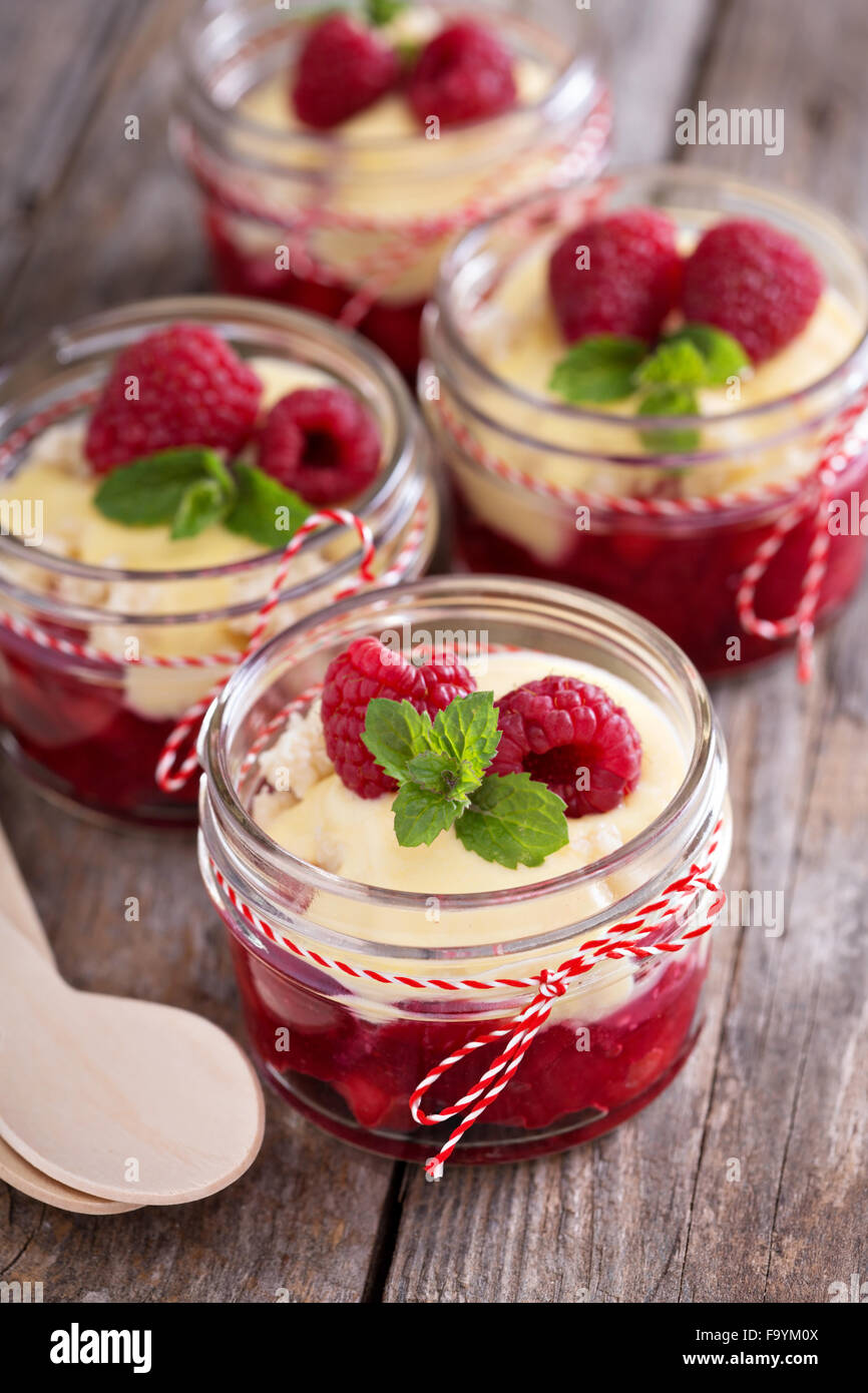 Colorati e delisious dessert in un vaso berry cramble con salsa alla vaniglia Foto Stock