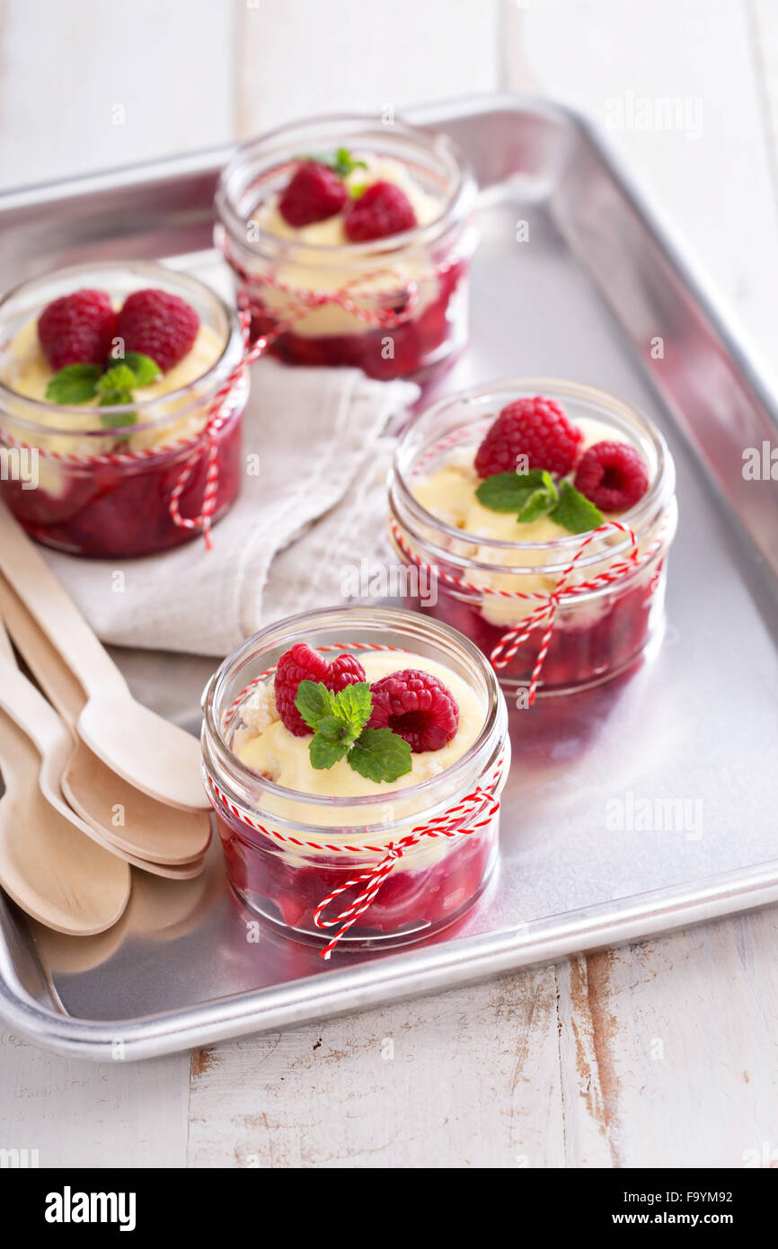 Colorati e delisious dessert in un vaso berry cramble con salsa alla vaniglia Foto Stock