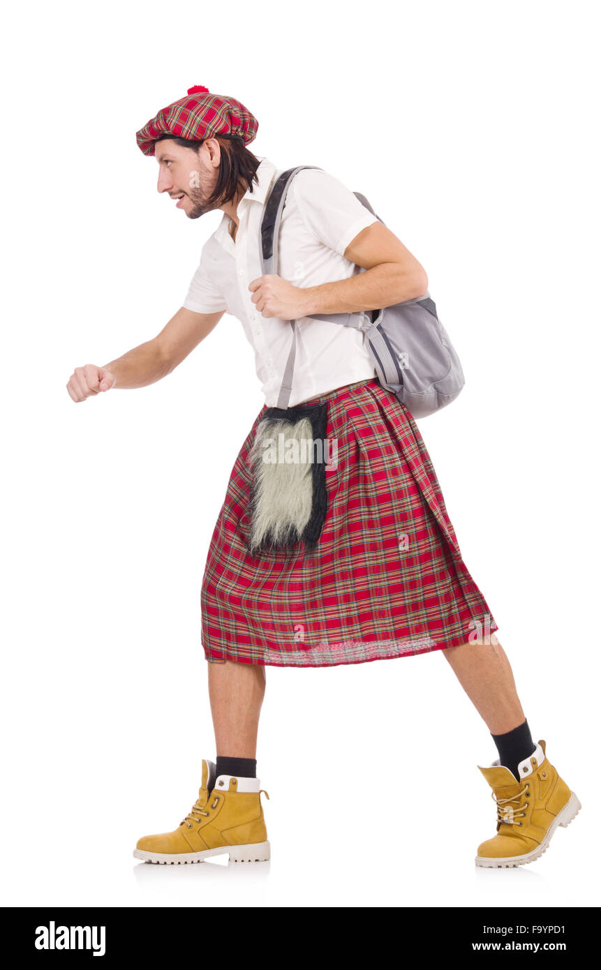 Strano scozzese con la sacca isolata su bianco Foto Stock