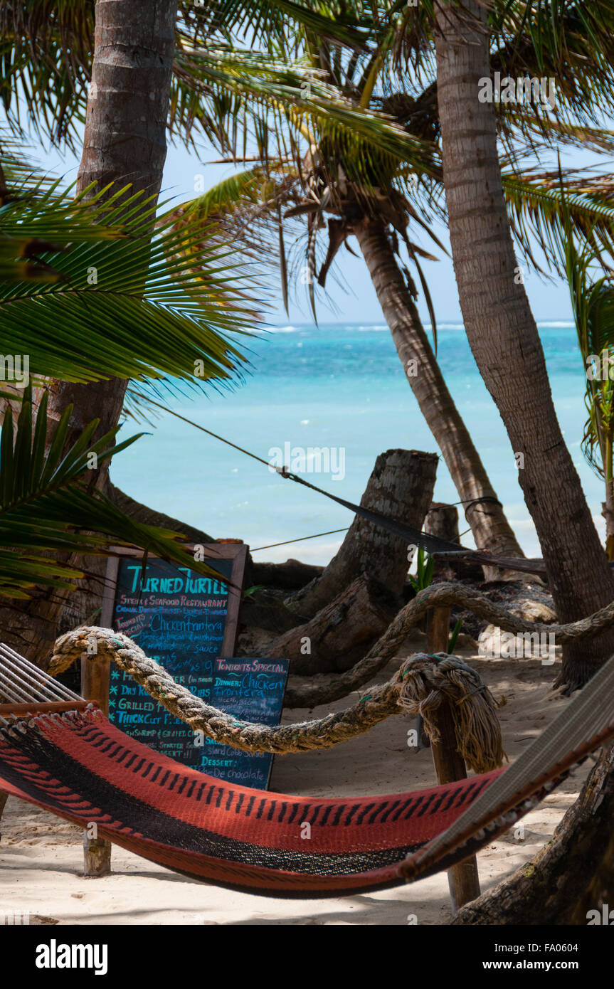 Primo piano della amaca per rilassarsi chillout legata a palme da cocco sulla spiaggia il little Corn Island Bar Foto Stock