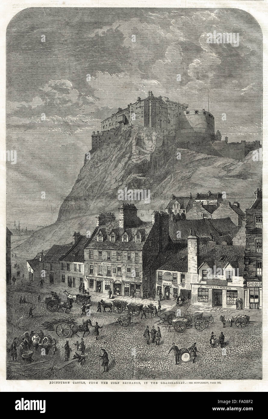 Il Castello di Edimburgo dal Corn Exchange a Grassmarket. Antica incisione 1860 Foto Stock