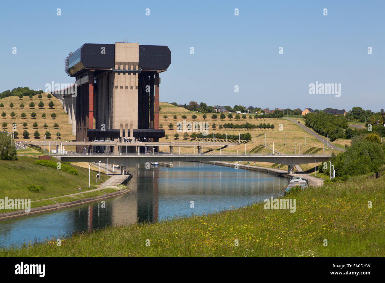 Strepy-Thieu boat lift sul nuovo Canal du Centre, Belgio Foto Stock