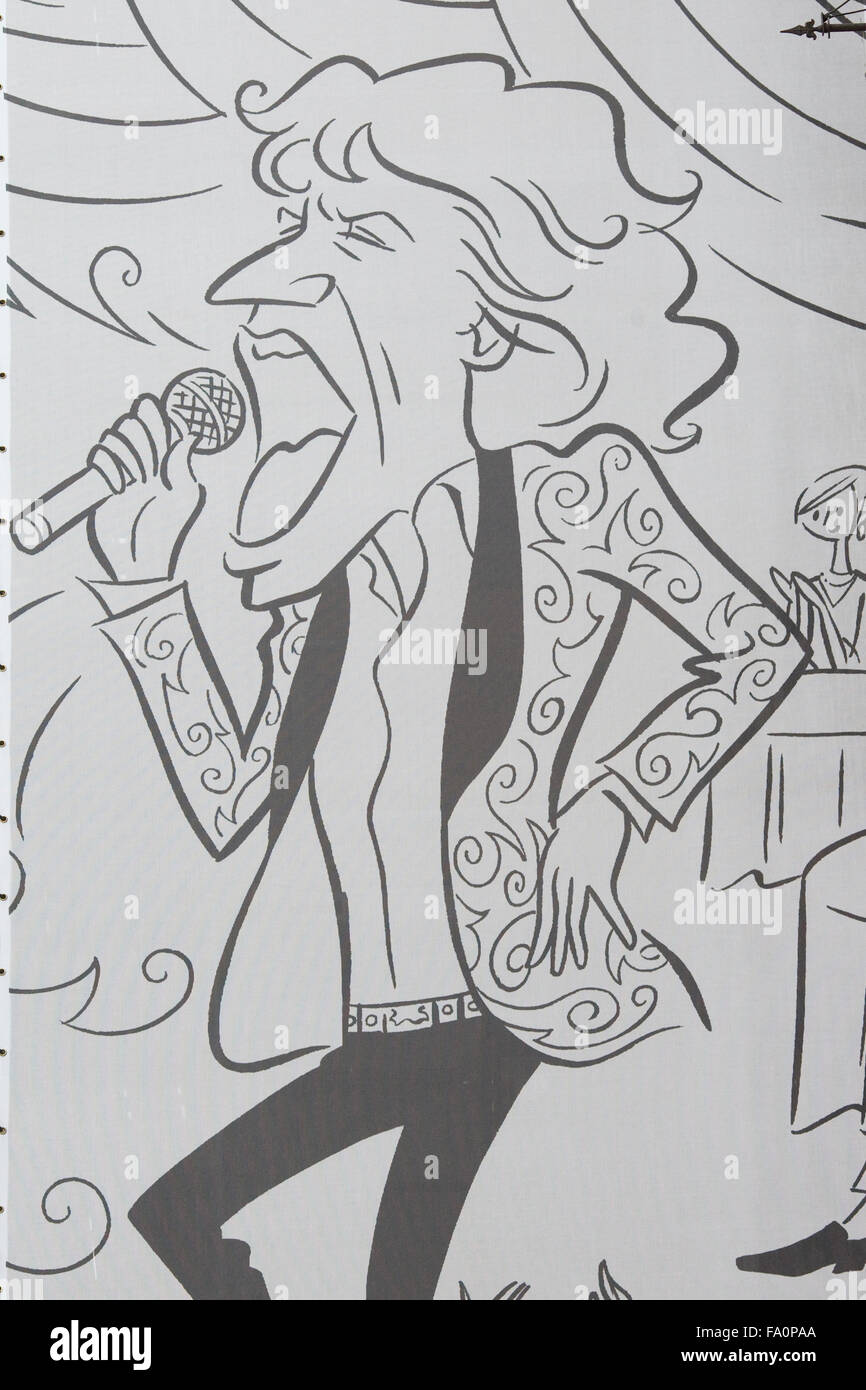 La caricatura di Mick Jagger a cantare in un mike Foto Stock