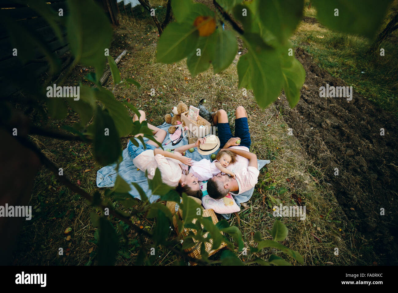 La famiglia felice sul prato nel parco Foto Stock