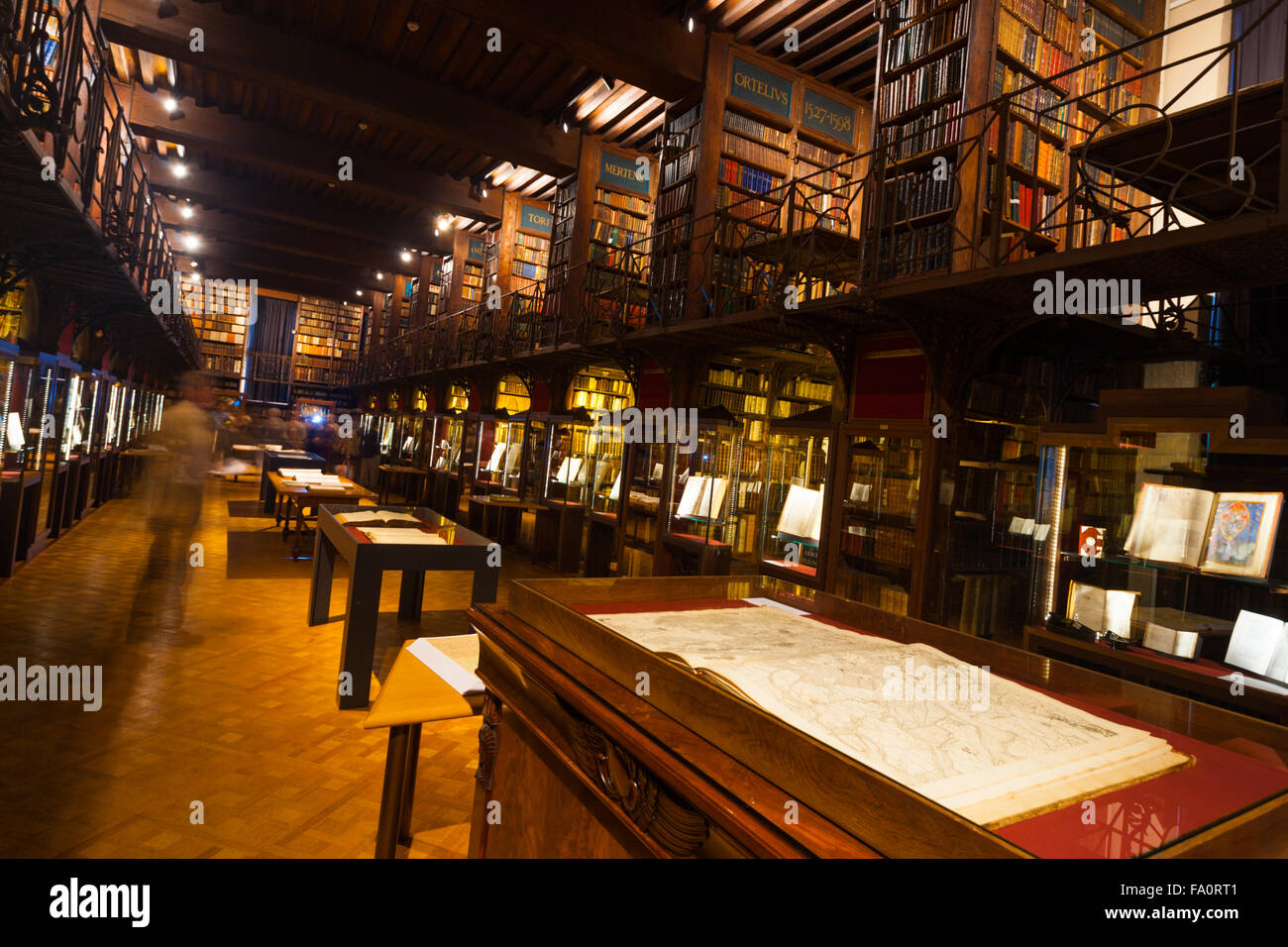 Inclinato corridoio principale di aperta raramente interno dell'Hendrik coscienza Library holding e rari libri antichi, viene visualizzato pubblicamente Foto Stock