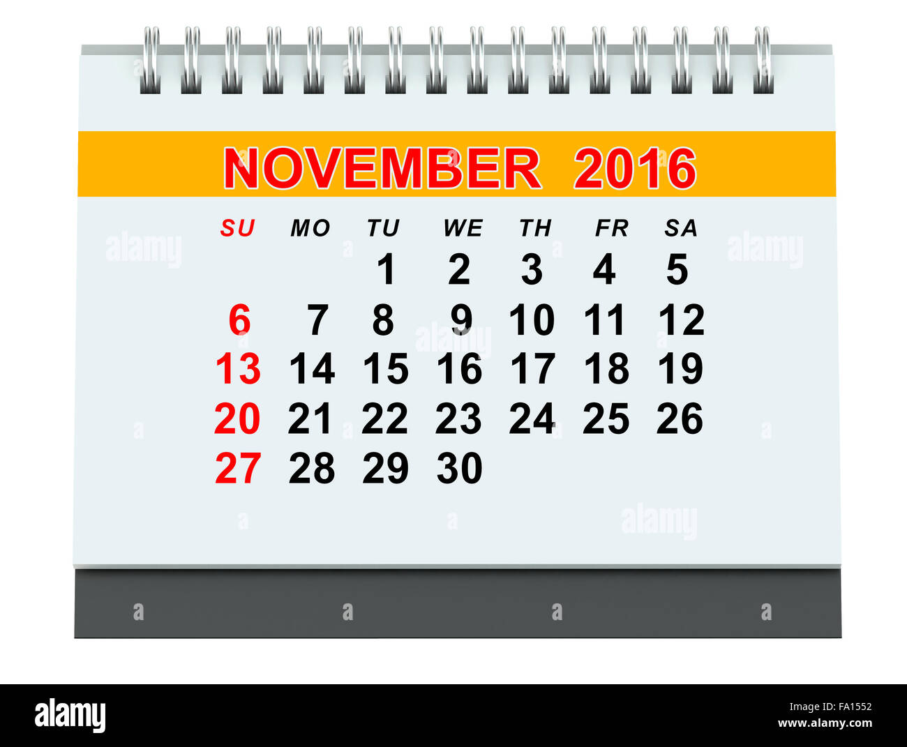 Novembre 2016 Calendario isolati su sfondo bianco Foto Stock