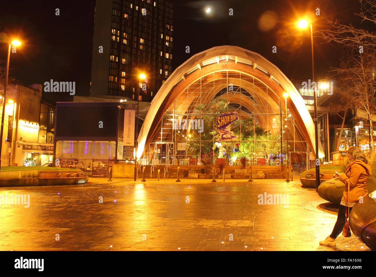 Il giardino di inverno in Surrey Street visto da Tudor Sqaure nel centro della città di Sheffield - notte, Dicembre 2015 Foto Stock