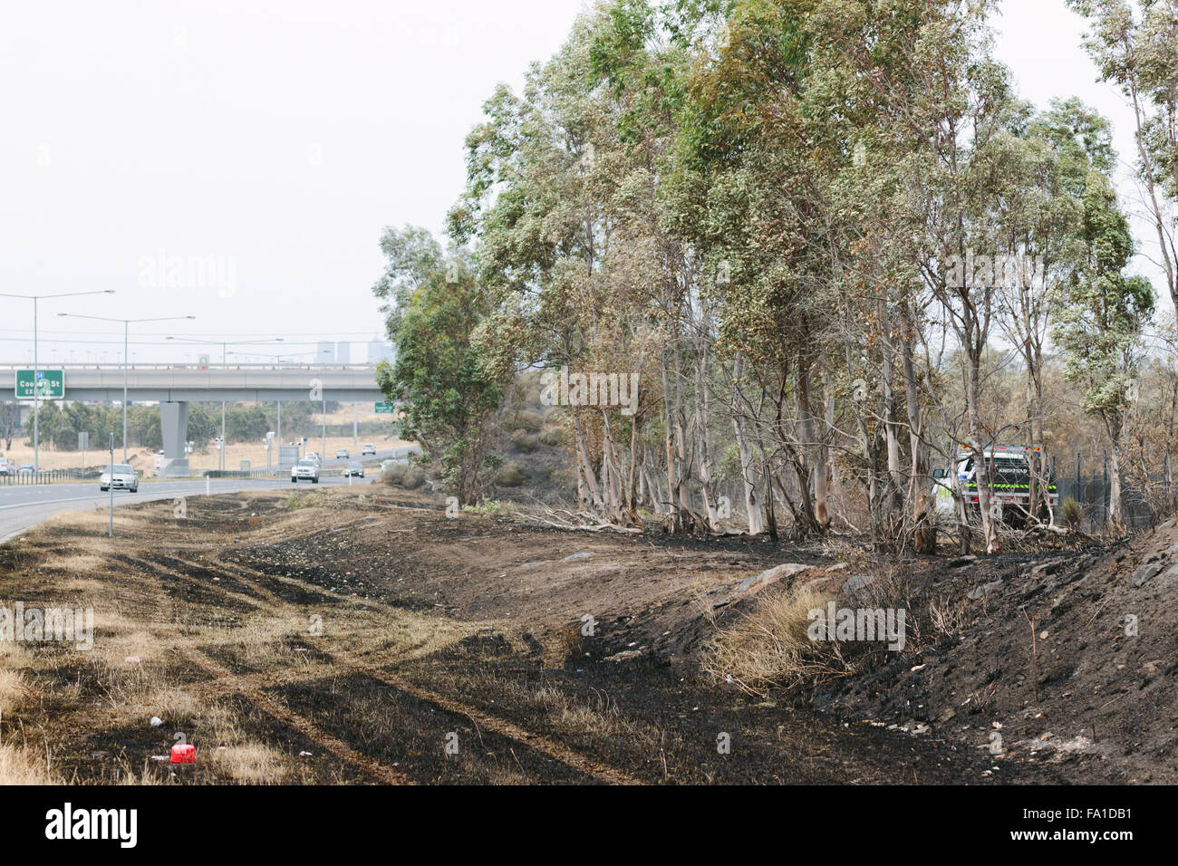EPPING, Australia - 20 dicembre 2015: Un giorno dopo gli incendi spazzato attraverso Epping in Melbourne, CFA Fire equipaggi pattugliano la zona per spot incendi in Melbourne subito è il giorno più caldo in dicembre di colpire 45 gradi C. Foto Stock