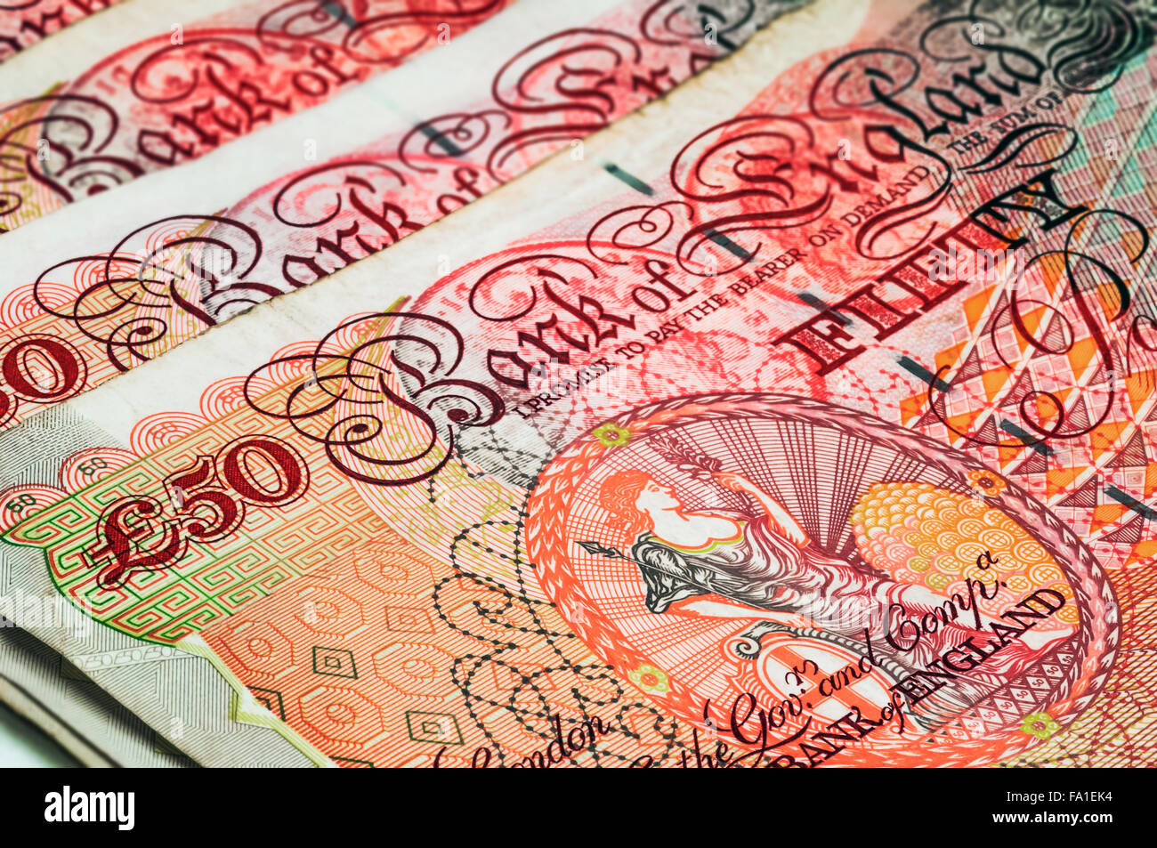 Primo piano vista macro presso la valuta britannica cinquanta pound banconota Foto Stock