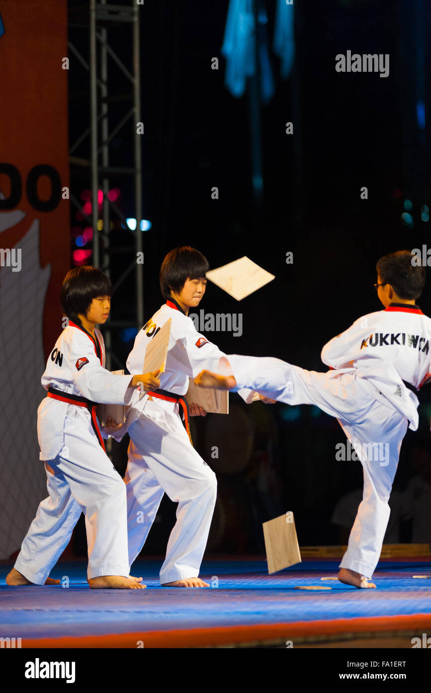 Taekwondo ragazzo coreano di calci e la rottura di due assi di legno tenuto dai colleghi in un libero esterno notte le prestazioni nelle vicinanze city hal Foto Stock