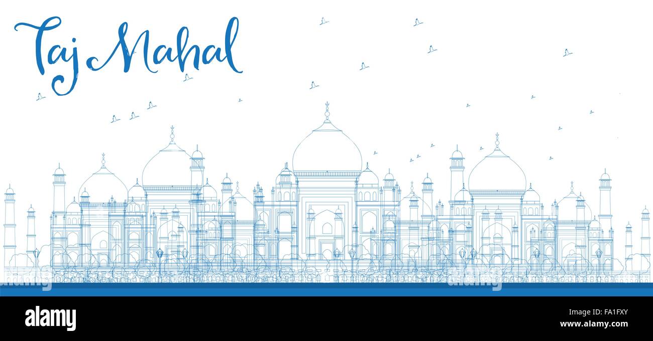 Delineare Taj Mahal città grattacieli di colore blu. Illustrazione Vettoriale. Gli affari e il turismo e concetto con grattacieli Illustrazione Vettoriale
