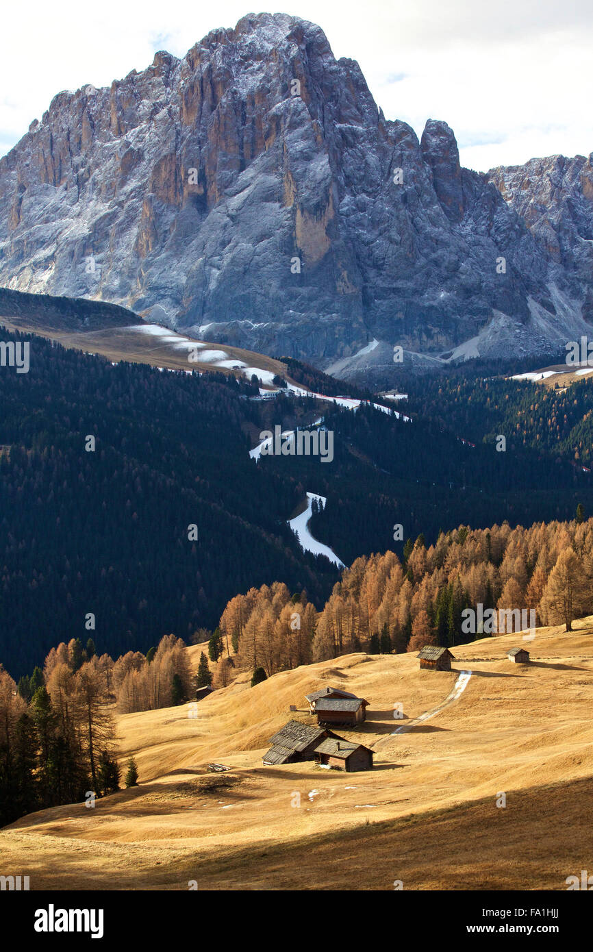 (151220) -- Selva di Val Gardena, Italia, Dicembre 20, 2015 (Xinhua) -- Foto scattata a Dic. 17 mostra le Dolomiti a Selva di Val Gardena Italia settentrionale. Le Dolomiti sono una catena montuosa situata nel nordest d'Italia. In agosto 2009, le Dolomiti sono state dichiarate patrimonio mondiale dell UNESCO. Le Dolomiti sono una serie di altamente distintivo paesaggi di montagna che sono di eccezionale bellezza naturale. Le montagne sono anche importanti di scienza della terra valori. (Xinhua/Jin Yu) Foto Stock