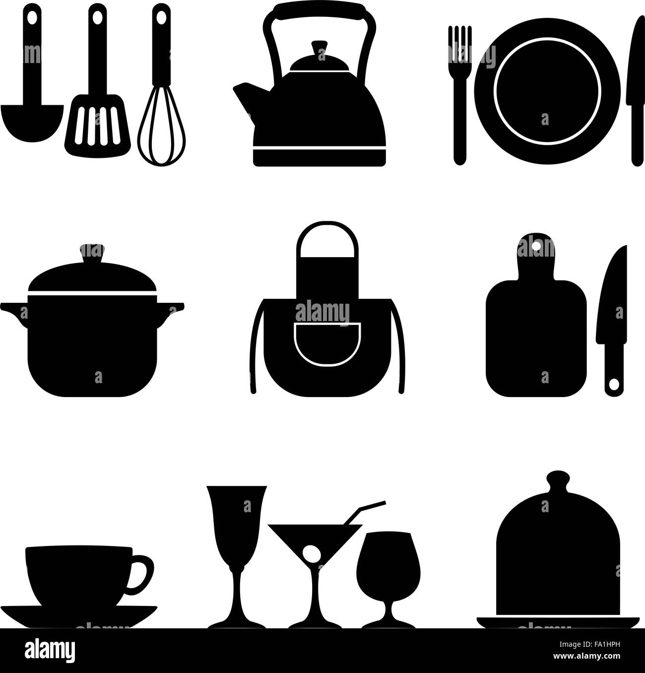 Set di nove icone vettoriali di cucina. Foto Stock