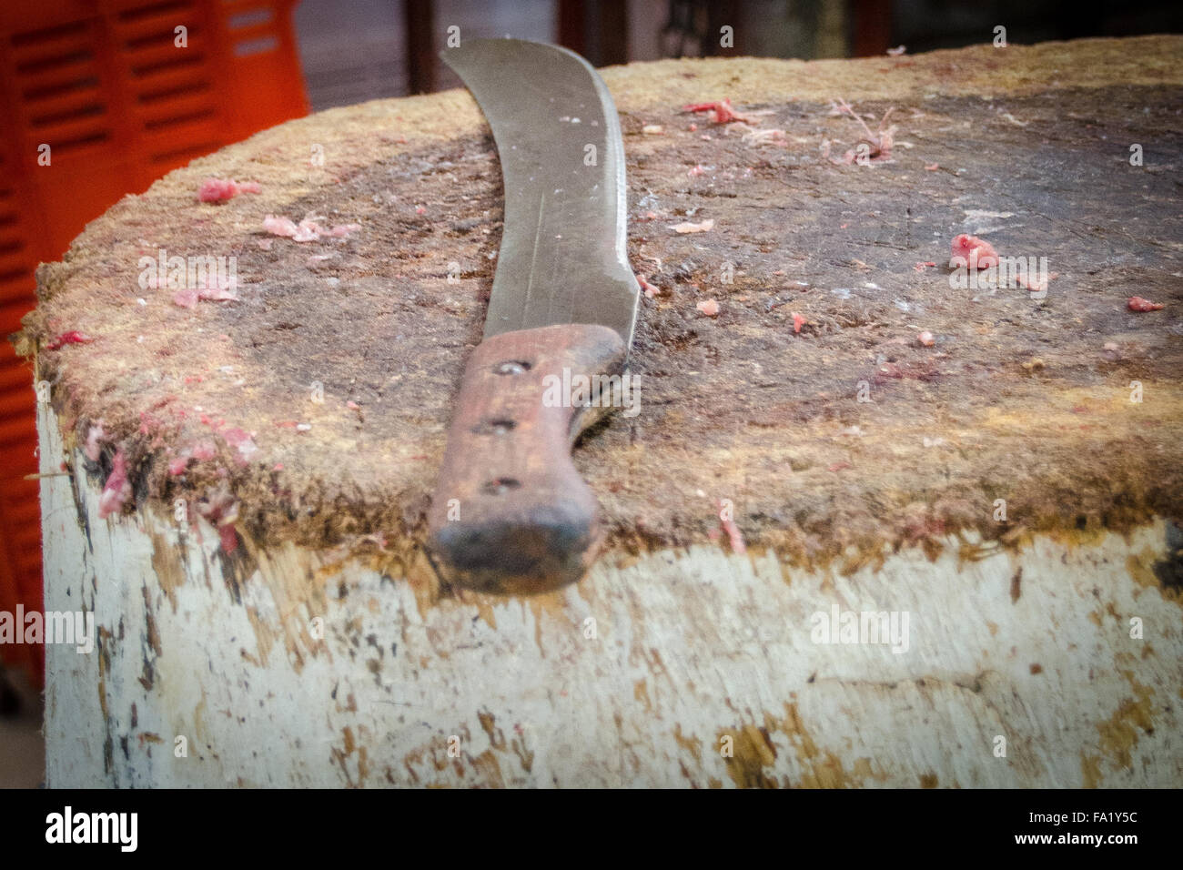 Il coltello e il blocco al mercato di carne, la Città Vecchia, la città di Panama Foto Stock