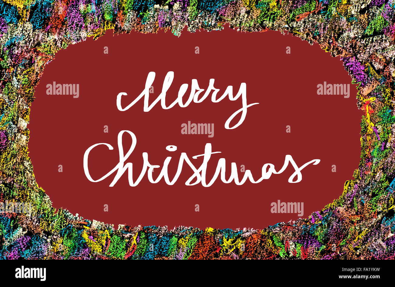 Coloratissima immagine di frame isolati su sfondo nero, copia spazio disponibile.disegno a mano sulla lavagna, orizzontale shot, il concetto di creatività. Merry Christmas testo Foto Stock