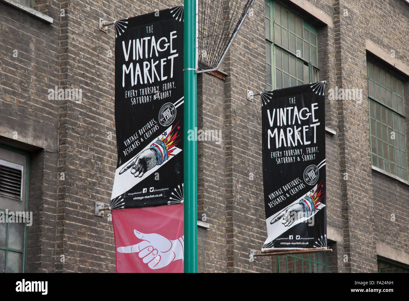 Vintage segno di mercato; Brick Lane, London, England, Regno Unito Foto Stock