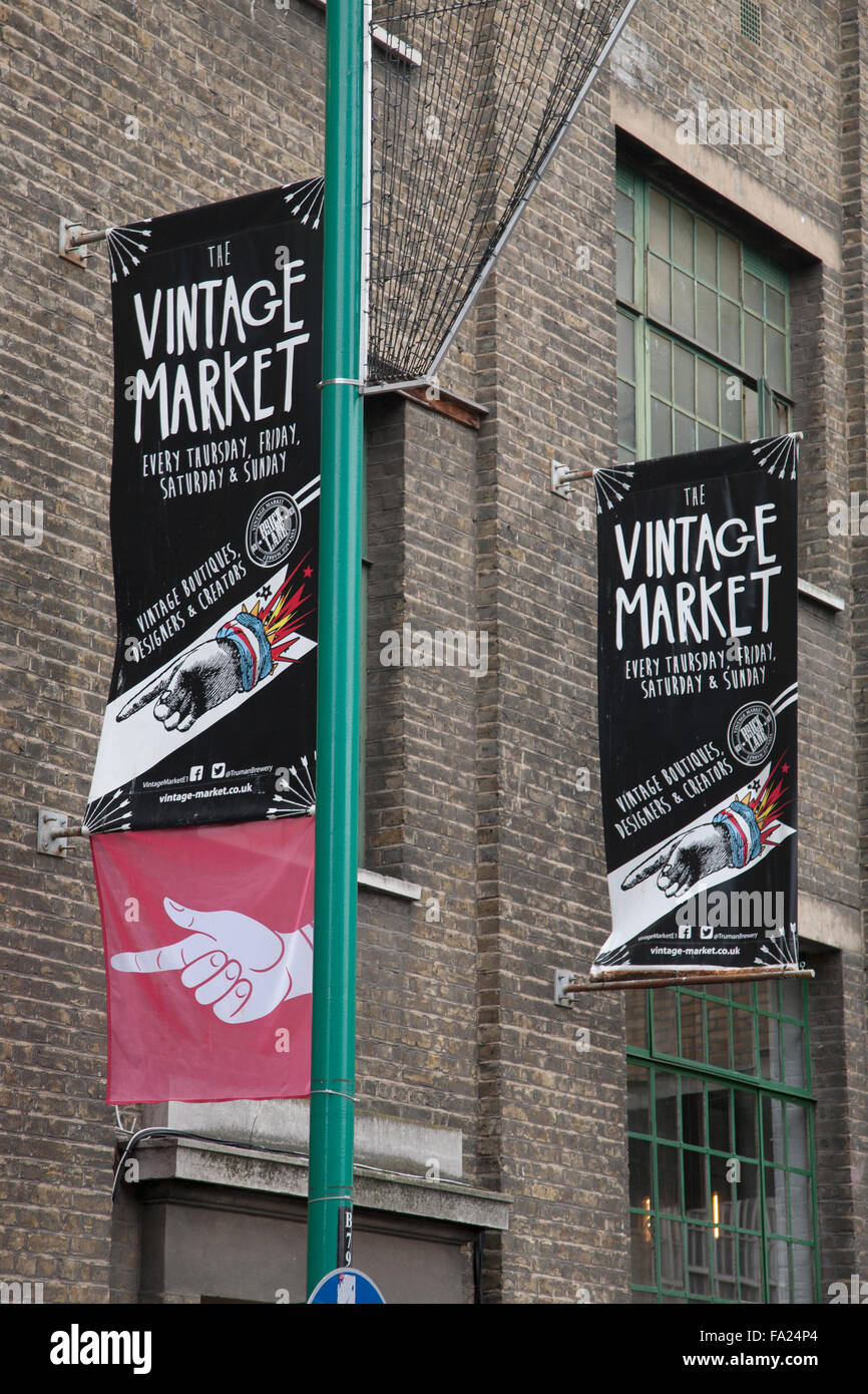 Vintage segno di mercato; Brick Lane, London, England, Regno Unito Foto Stock