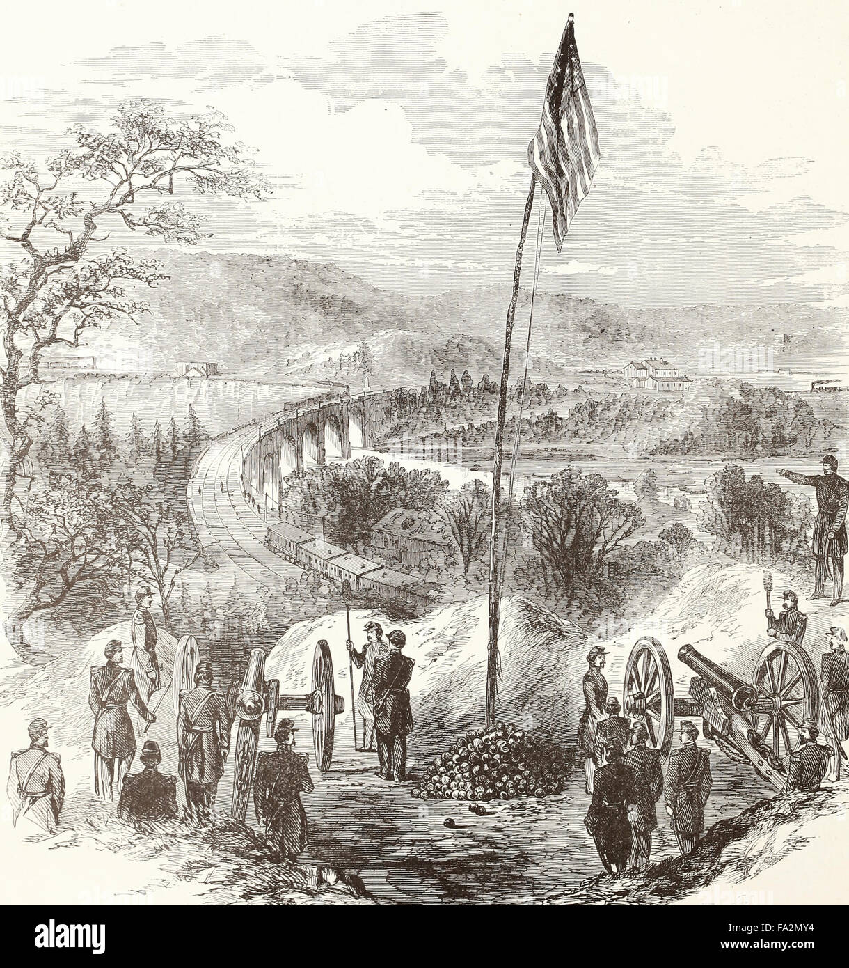 Il Bouquet batteria comandando il viadotto sul fiume Patapsco sul Baltimore e Ohio Railroad, vicino al relè house nel 1861. USA LA GUERRA CIVILE Foto Stock