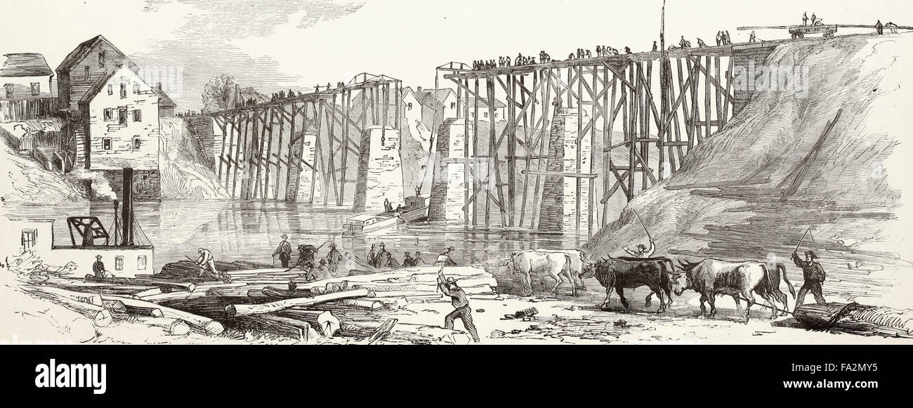 La ricostruzione del ponte ferroviario oltre il Rappahannock a Fredericksburg, bruciato dai confederati nella loro ritirata da Falmouth, Aprile 19th, 1862. USA LA GUERRA CIVILE Foto Stock