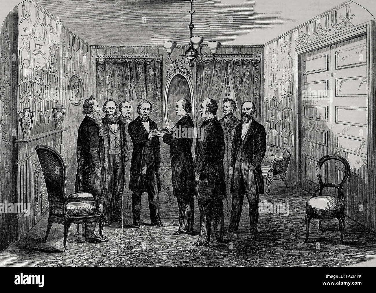 Andrew Johnson tenendo il Giuramento nel piccolo salottino della Kirkwood House di Washington, DC. Aprile 1865 Foto Stock