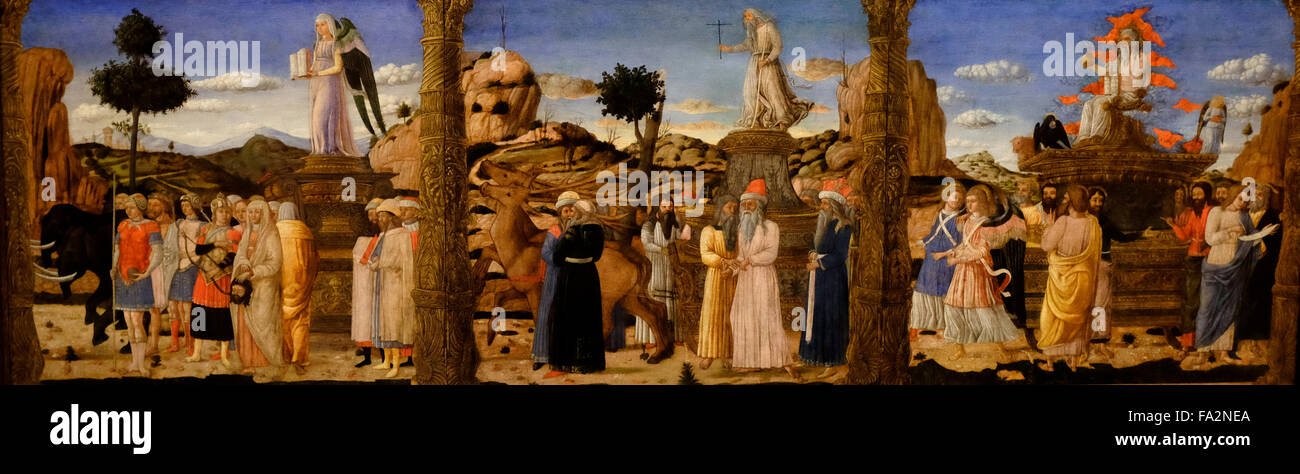 I Trionfi di amore la castità e la morte - i trionfi della Fama, tempo e divinità - dipinta da seguace di Andrea Mantegna, eventualmente Girolamo da Cremona - circa 1460s - appartenne su un cassone o torace marraige Foto Stock