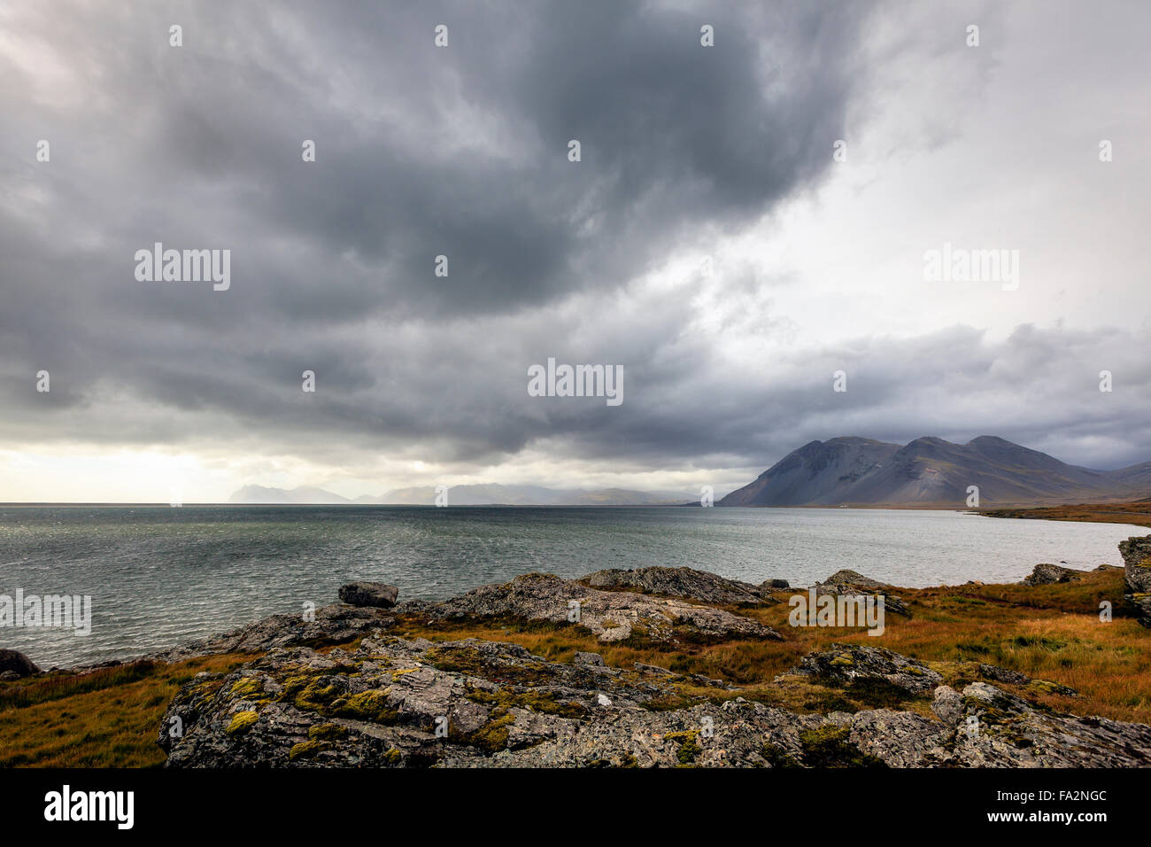 Vista panoramica della costa meridionale dell'Islanda e il Nord Atlantico con cielo nuvoloso Foto Stock