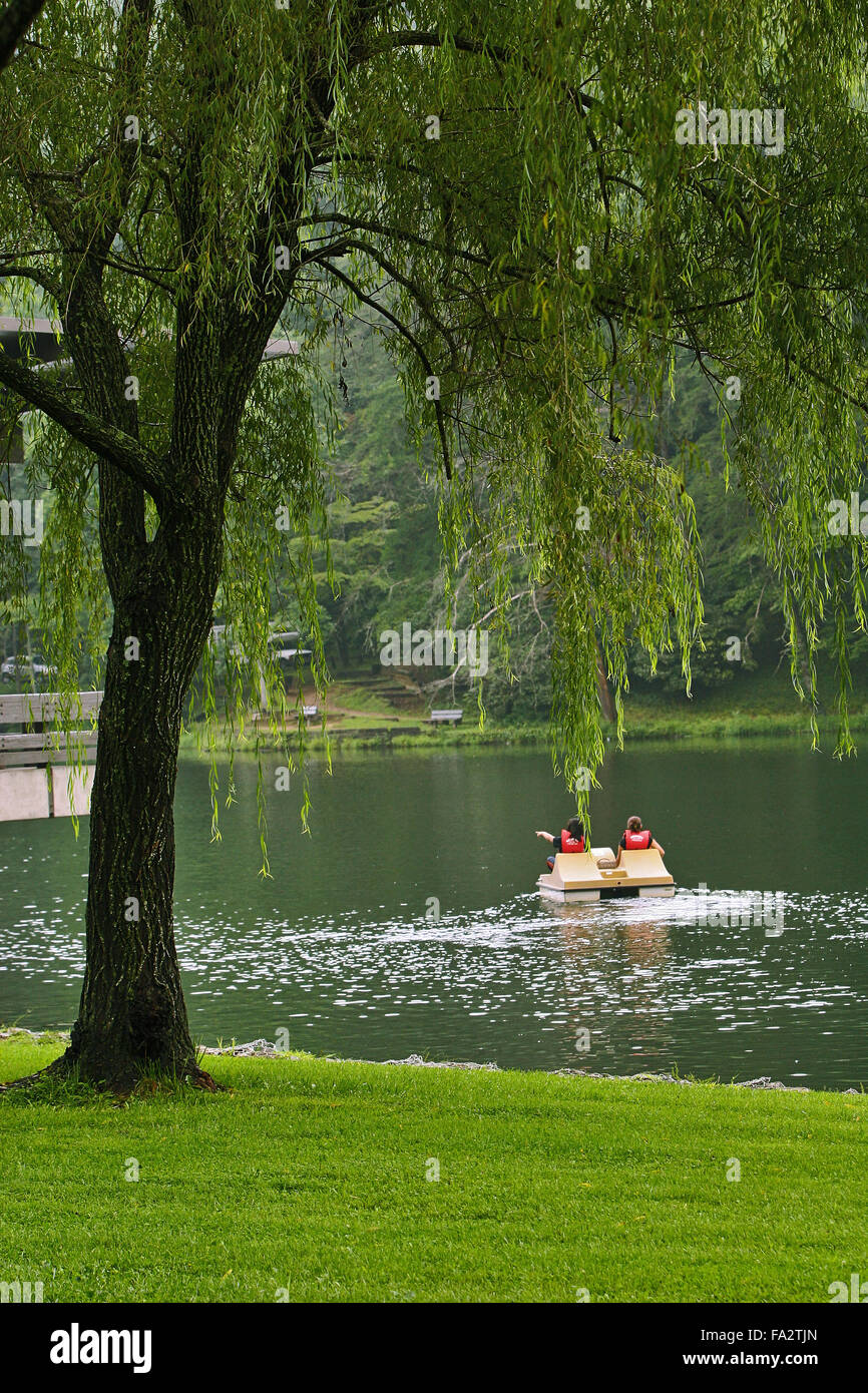 Barche a remi galleggiante piacevole sul lago Trahlyta a Vogel State Park, Georgia, Stati Uniti d'America. Foto Stock