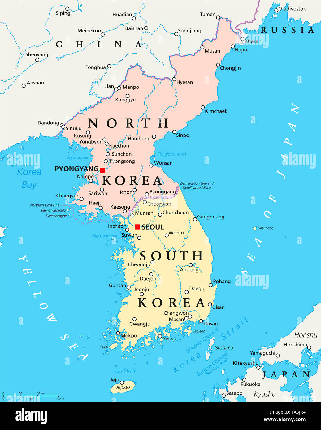 La Corea del Nord e Corea del Sud mappa politico con capitelli a Pyongyang e a Seul. Penisola coreana, le frontiere nazionali, città importanti. Foto Stock
