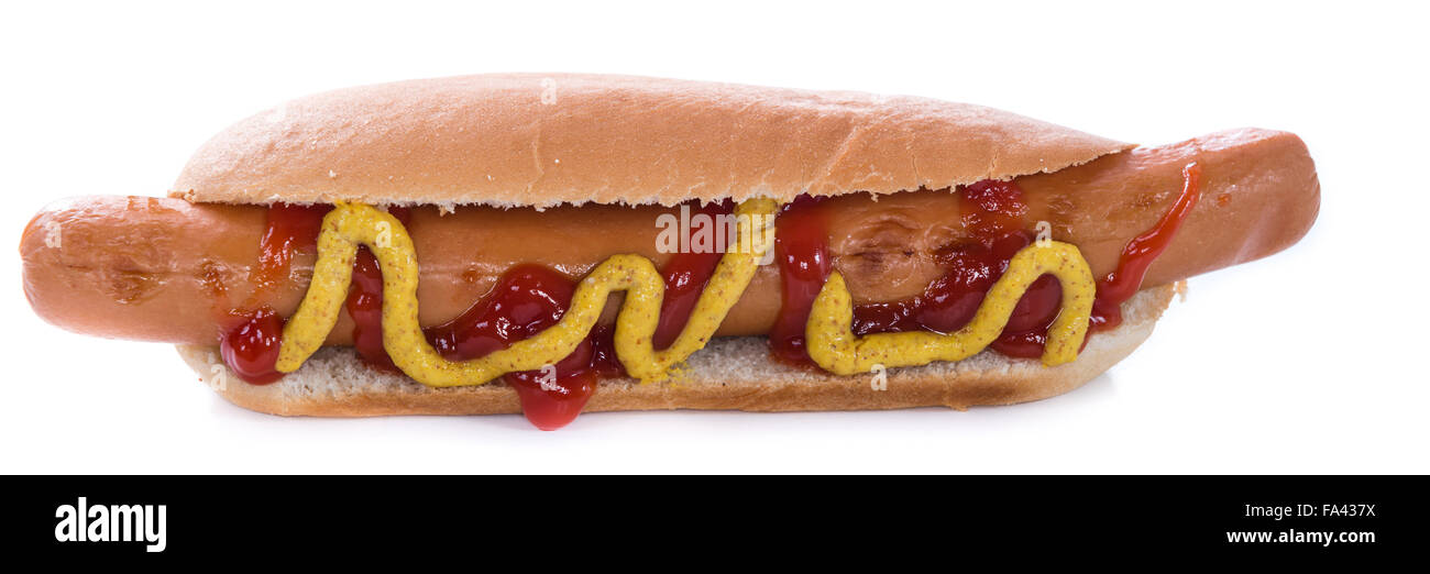 Classico Hot Dog isolati su sfondo bianco (close-up shot) Foto Stock