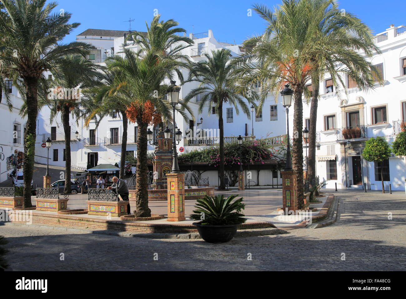 Plaza de Espana, Vejer de la Frontera, la provincia di Cadiz Cadice, Spagna Foto Stock