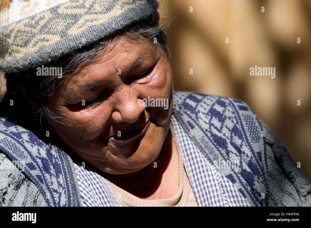 Ritratto di un forte e anziana donna boliviana in una attrezzata cappello  di lana e di indossare un grembiule Foto stock - Alamy