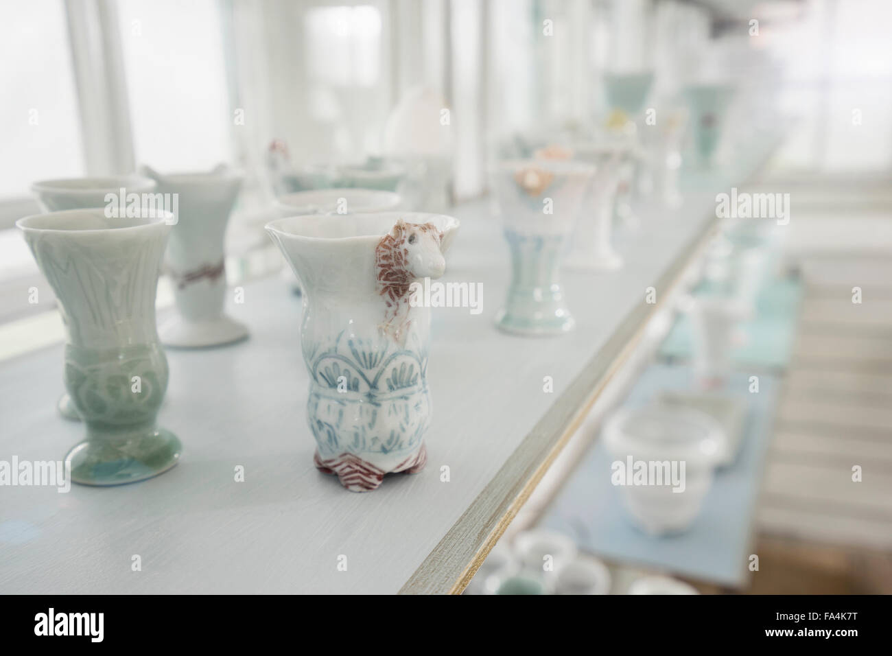 Vasi in porcellana sul ripiano in una casa di vetro, Baviera, Germania Foto Stock