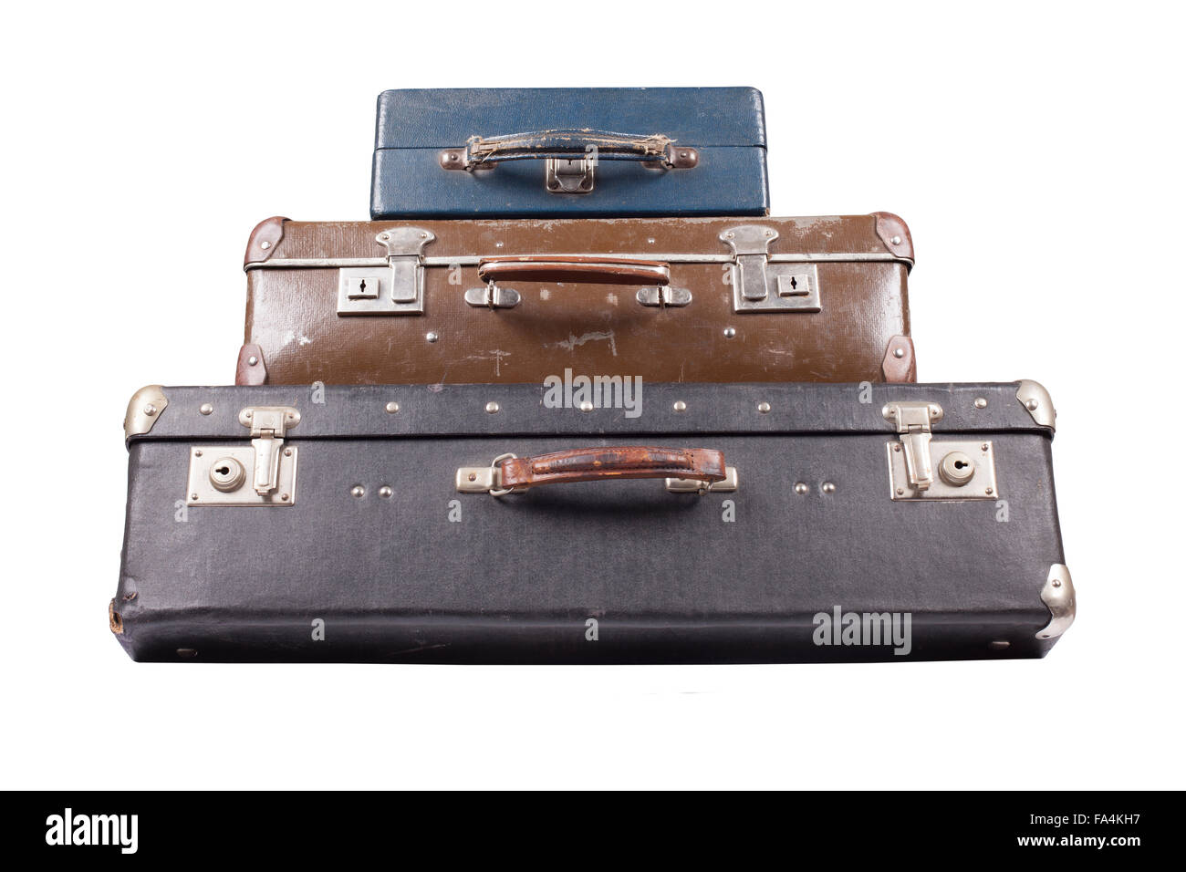 Pila di vecchi valigie isolato Foto Stock
