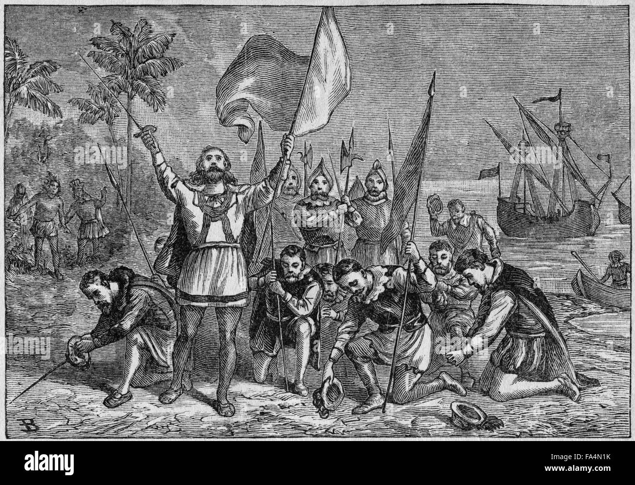 "Lo sbarco di Colombo", Libro Illustrazione da "Indiano orrori o massacri di Uomini rossi", da Henry Davenport Northrop, 1891 Foto Stock