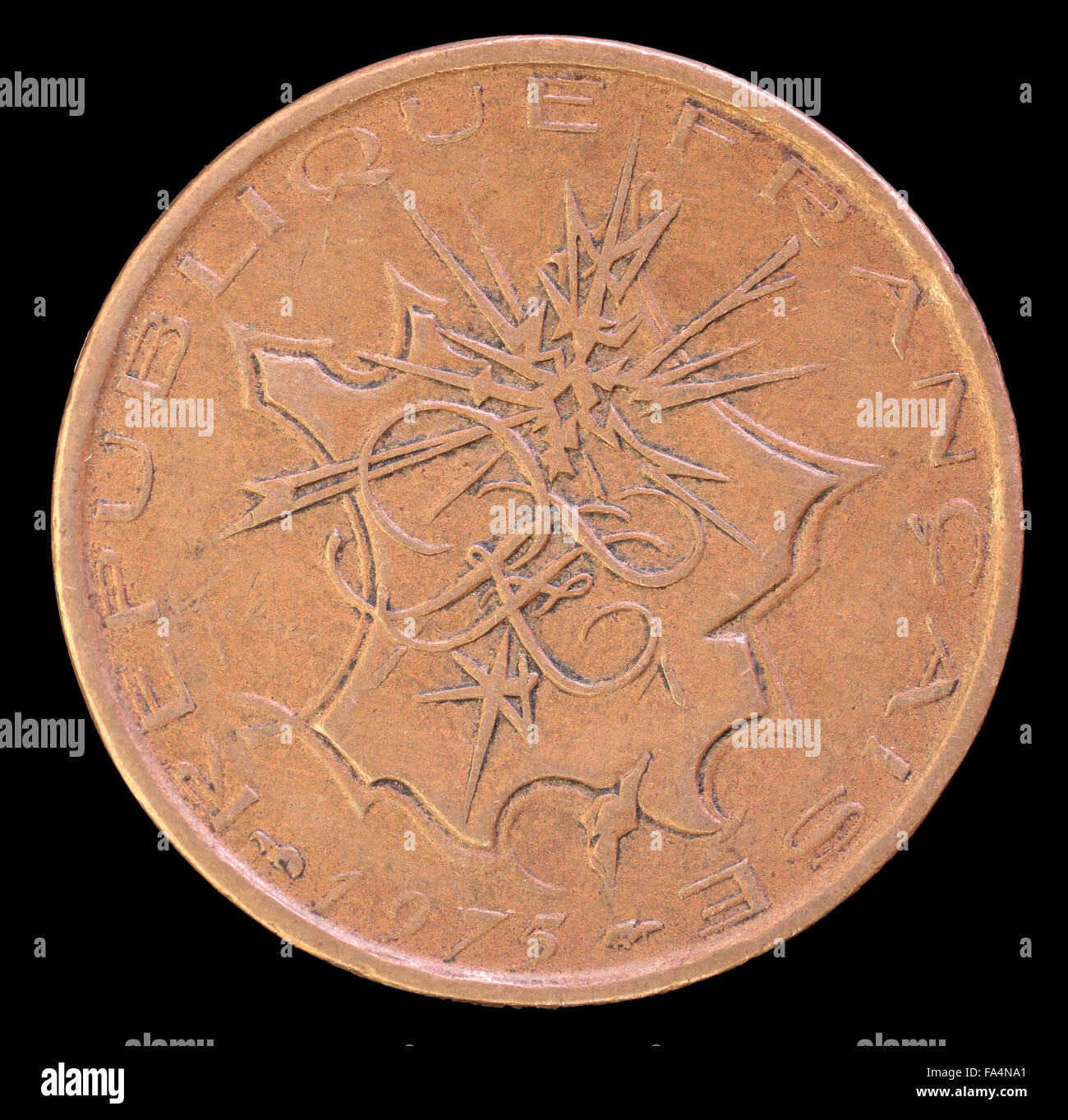 La faccia di testa di 10 franchi, monete emesse dalla Francia nel 1975, raffigurante una mappa della Francia metropolitana con i flash che puntano a Parigi Foto Stock