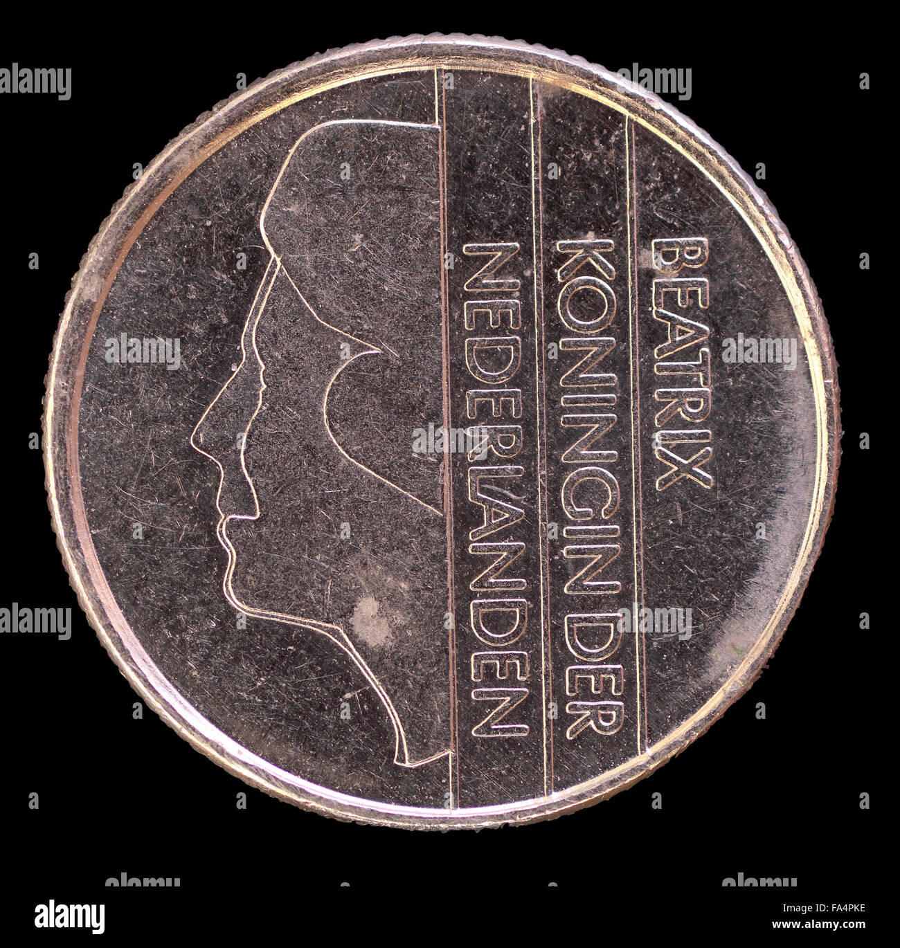 La faccia di testa di 25 CENTESIMI DI FIORINO, di monete emesse dai Paesi Bassi nel 1985, raffigurante il ritratto della Principessa Beatrice. Immagine Foto Stock