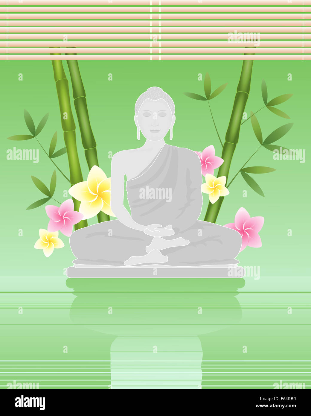 Una illustrazione di un Buddha seduto da acqua ancora verde con germogli di bambù fiori e fogliame su un rilassante sfondo verde Foto Stock