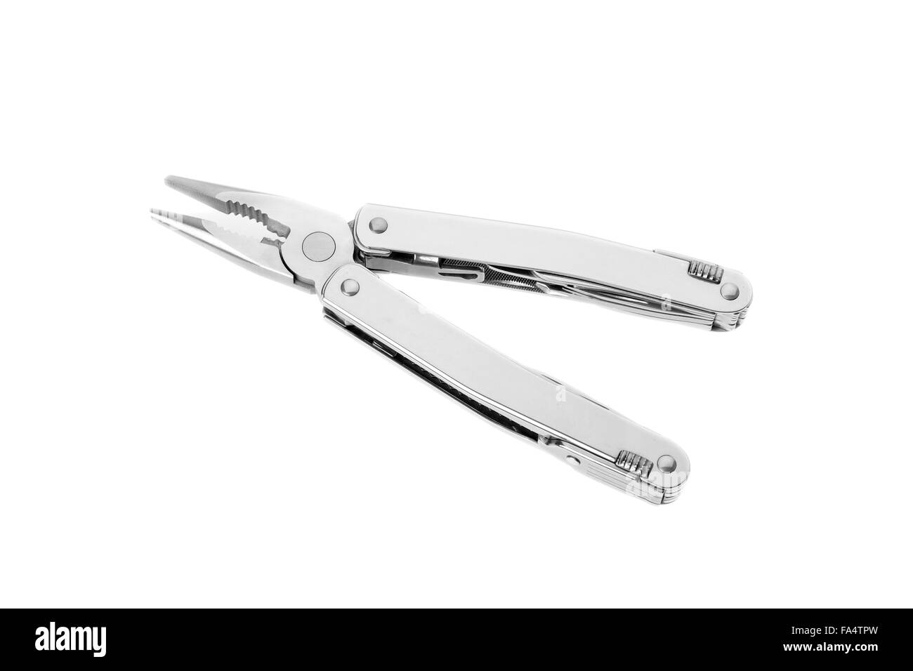 In acciaio inox coltello esercito multitool isolato su bianco Foto Stock